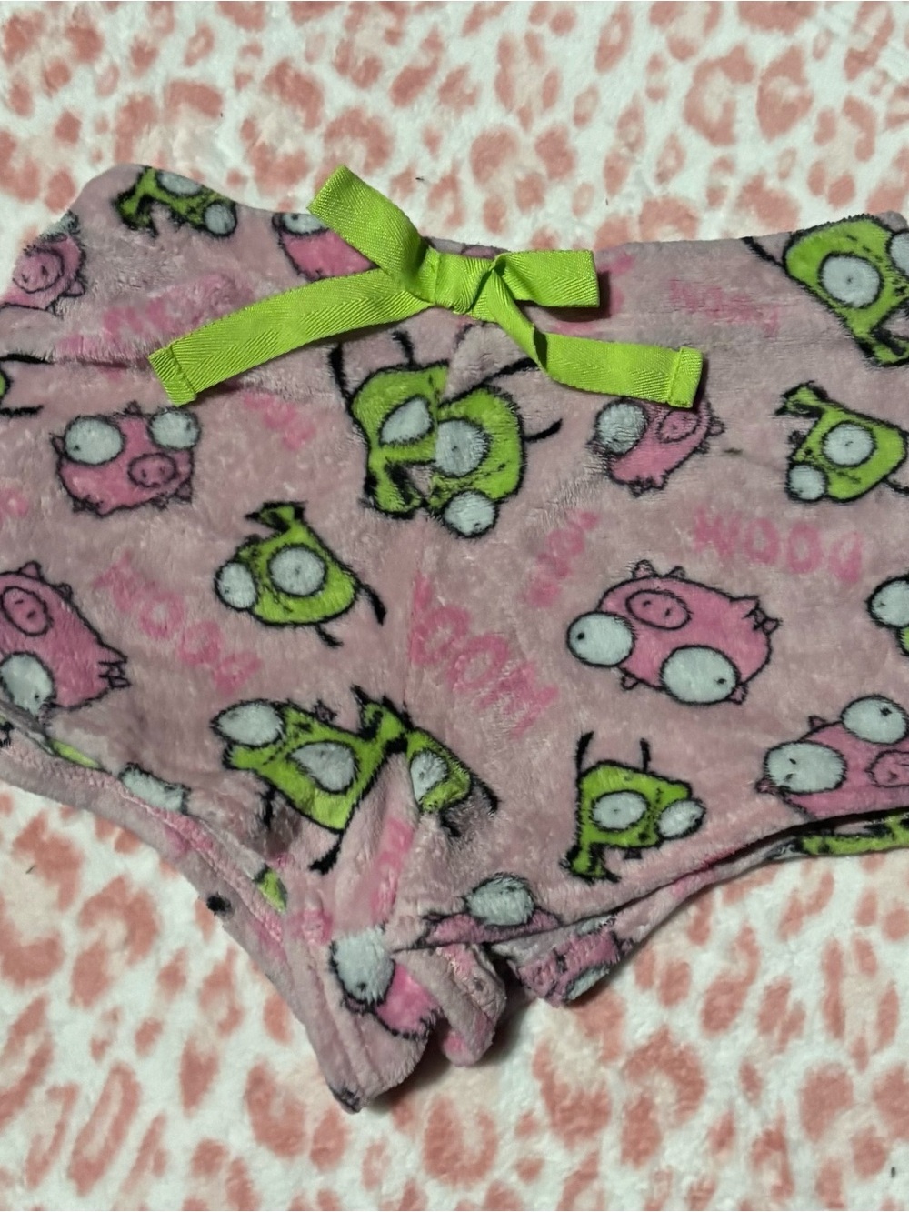 Nickelodeon Pink Plush Shorts with Lime Green Bow & Character Print